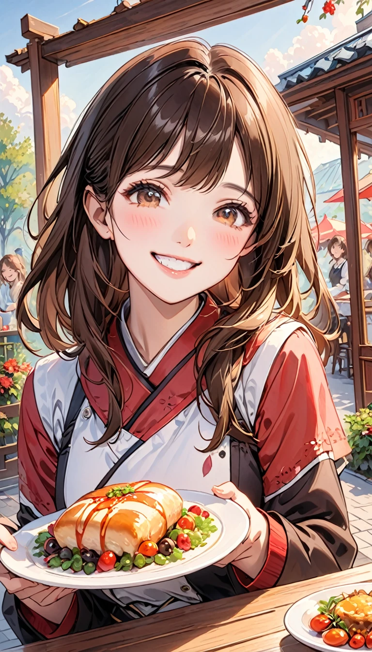 Brown long hair,1 girl,Holding a plate with both hands,Delicious food on the plate,Upper Body,Facing the camera,Happy smile,Happy atmosphere,Close-up of face,HD faces,high quality,Open-air restaurant,
