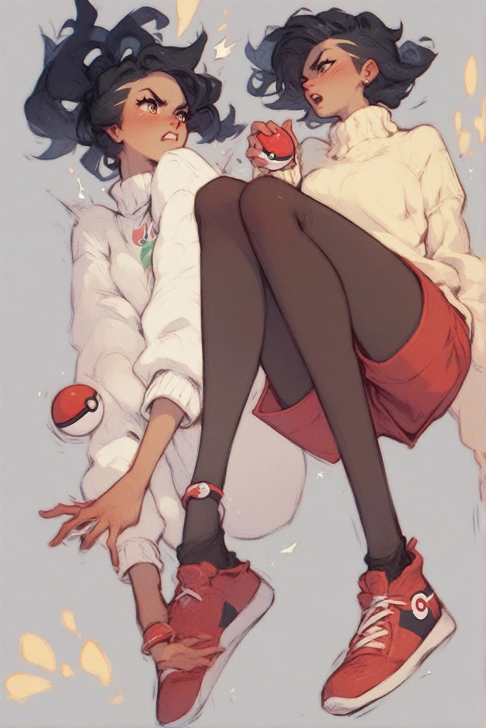 girl with black hair, with a yellow shirt and red shorts, pantyhose above the knees black, red shoes, white sweater, Pokémon trainer, struggling pose, Holding a pokeball, with white sweater