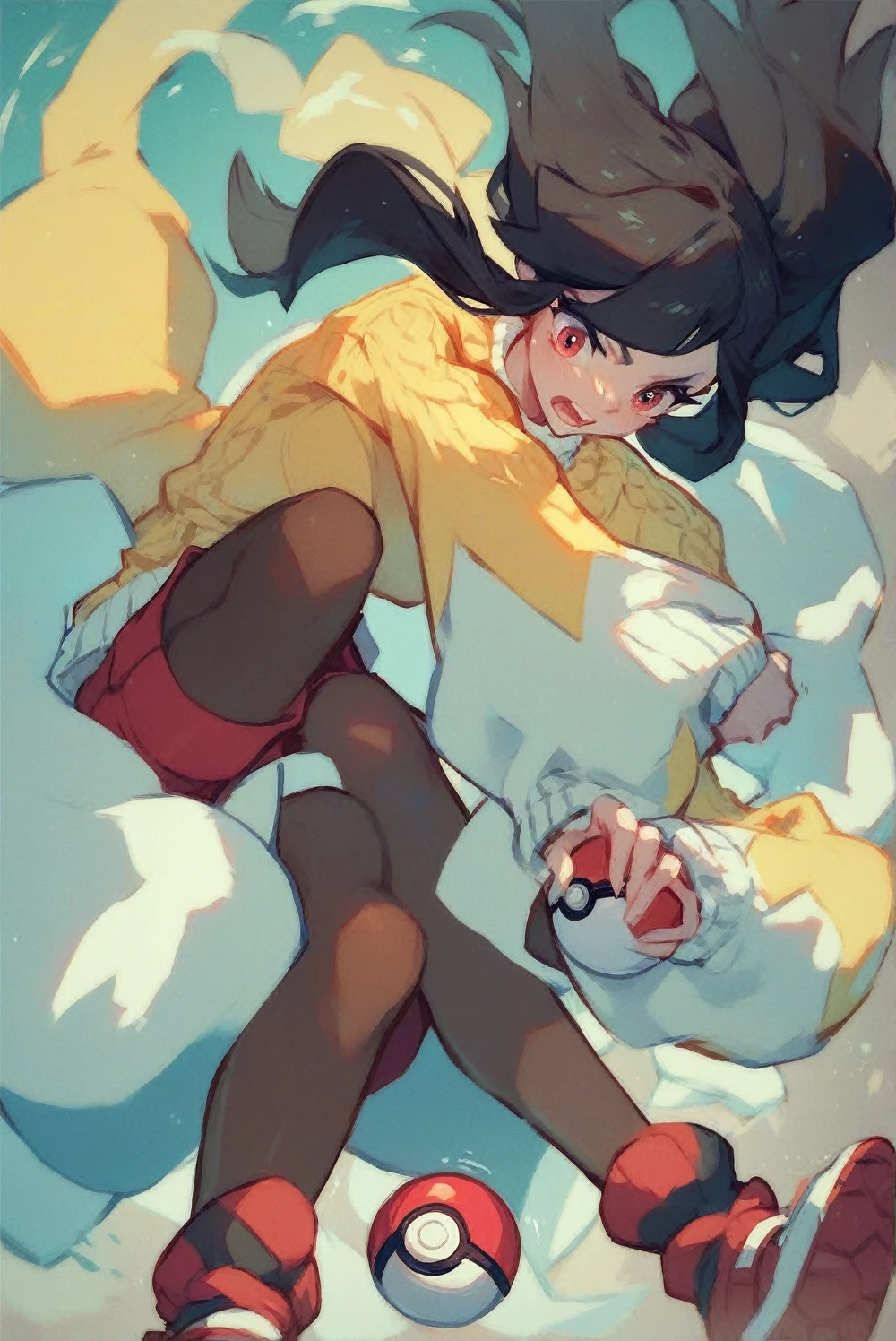 girl with black hair, with a yellow shirt and red shorts, pantyhose above the knees black, red shoes, white sweater, Pokémon trainer, struggling pose, Holding a pokeball, with white sweater