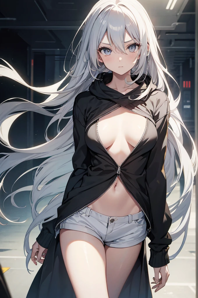 1girl, {Solitary}, Upper Body ,{{ {Watching at viewer}}}, Arms at your sides, Concept Art, white Background, simple Background, White hair, Silver gradient hair , Composite cloth, Asymmetrical clothes, Virtual YouTuber, best quality, masterpiece, Dynamic Angle, guilty gear, guilty gear, guilty gear, cowboy_shooting, Watching_Back, grab, girl,Miss,woman, young,20 years old, Very long hair, Hair Flip, Silver Hair, Flowing hair, Ahog, giggle, Beautiful and delicate golden eyes, teeth, Moderate_breast, Blonde eyes, White skin, hoodie, Black_shorts, Gray clothes, transparent_Background, Backlighting, absurd, high resolution, Extremely detailed,Sweater without pants