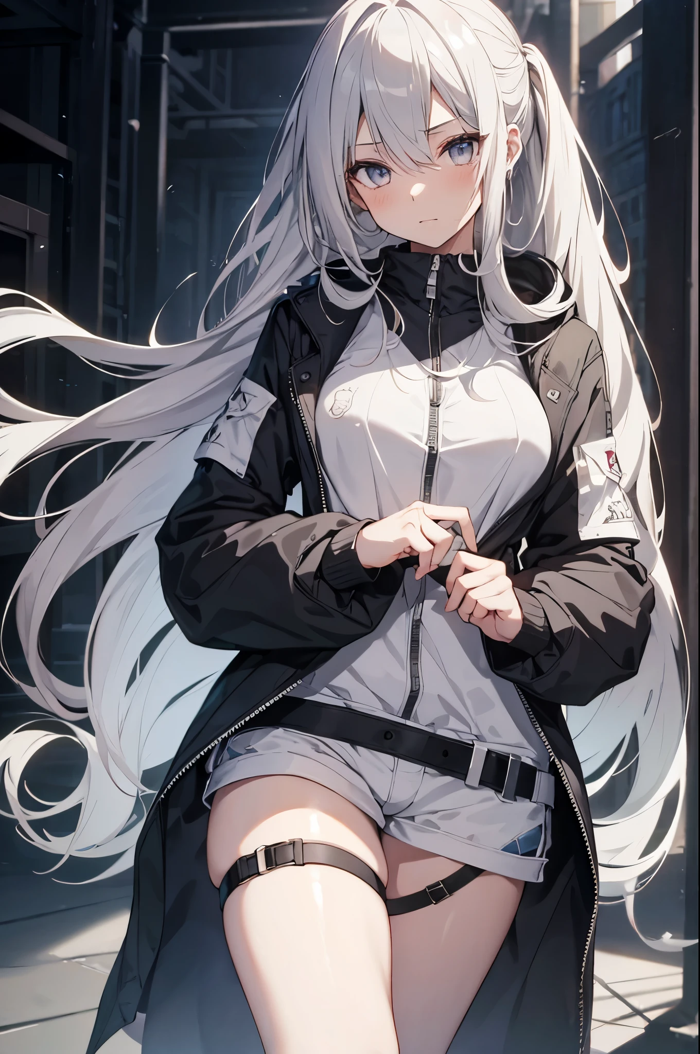 1girl, {Solitary}, Upper Body ,{{ {Watching at viewer}}}, Arms at your sides, Concept Art, white Background, simple Background, White hair, Silver gradient hair , Composite cloth, Asymmetrical clothes, Virtual YouTuber, best quality, masterpiece, Dynamic Angle, guilty gear, guilty gear, guilty gear, cowboy_shooting, Watching_Back, grab, girl,Miss,woman, young,20 years old, Very long hair, Hair Flip, Silver Hair, Flowing hair, Ahog, giggle, Beautiful and delicate golden eyes, teeth, Moderate_breast, Blonde eyes, White skin, hoodie, Black_shorts, Gray clothes, transparent_Background, Backlighting, absurd, high resolution, Extremely detailed,sweater,No pants