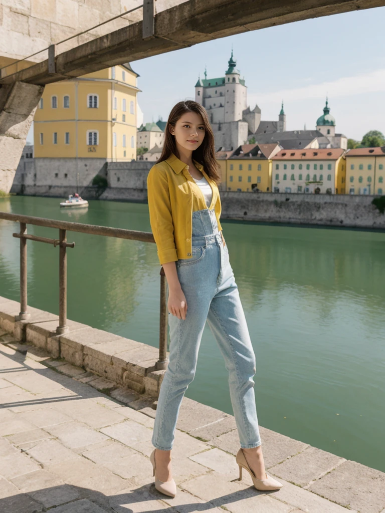 her name is Asako, high quality, 1girl, ((20-year-old fit Caucasian woman)), ((20 years old)), ((slim)), ((Hime Cut)), pose: standing, wearing stylish fashionable Generation-Z modern wear bright colored, BACKGROUND:Your residence is a baroque townhouse with stucco facades and wrought iron railings, overlooking the Salzach River and the Hohensalzburg Fortress.