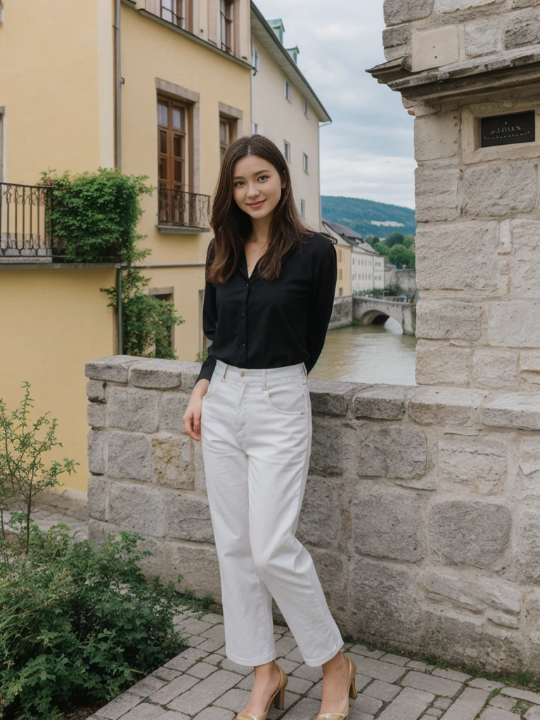 her name is Asako, high quality, 1girl, ((20-year-old fit Caucasian woman)), ((20 years old)), ((slim)), ((Hime Cut)), pose: standing, wearing stylish fashionable Generation-Z modern wear bright colored, BACKGROUND:Your residence is a baroque townhouse with stucco facades and wrought iron railings, overlooking the Salzach River and the Hohensalzburg Fortress.