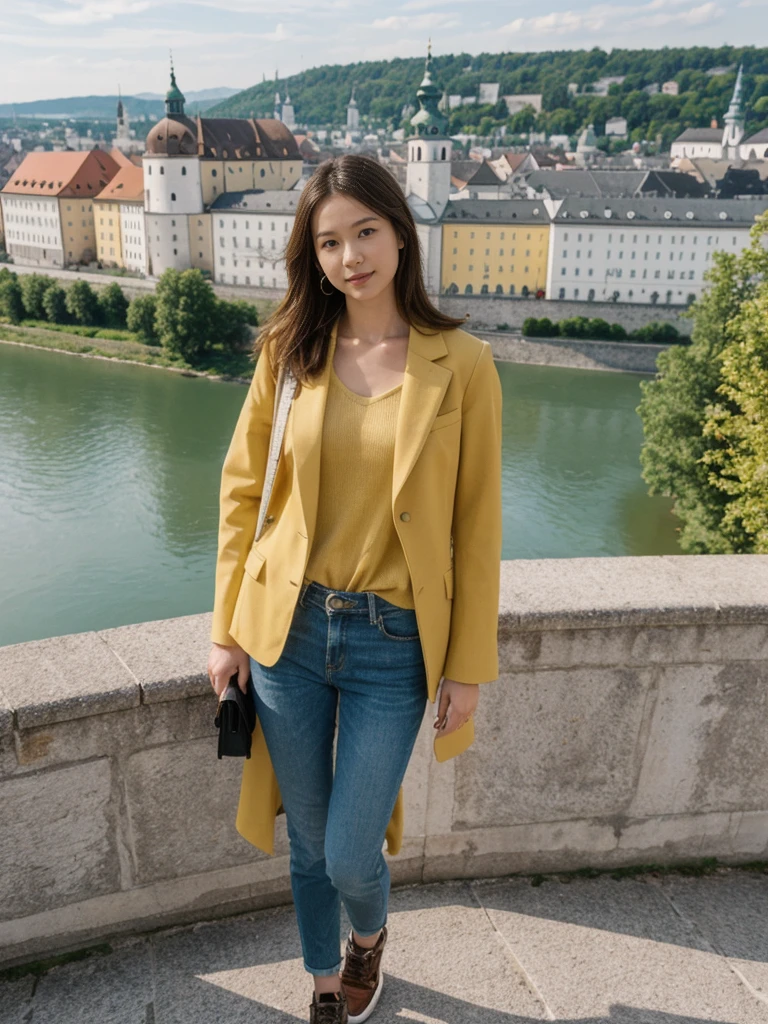 her name is Asako, high quality, 1girl, ((20-year-old fit Caucasian woman)), ((20 years old)), ((slim)), ((Hime Cut)), pose: standing, wearing stylish fashionable Generation-Z modern wear bright colored, BACKGROUND:Your residence is a baroque townhouse with stucco facades and wrought iron railings, overlooking the Salzach River and the Hohensalzburg Fortress.