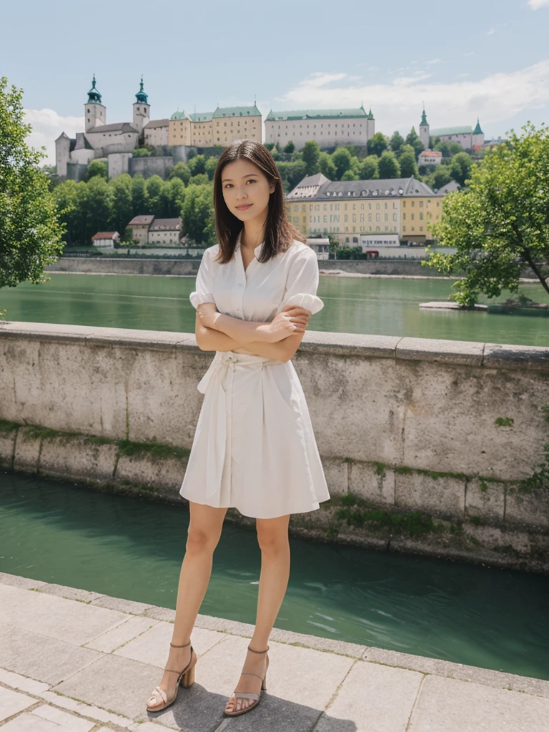 her name is Asako, high quality, 1girl, ((20-year-old fit Caucasian woman)), ((20 years old)), ((slim)), ((Hime Cut)), pose: standing, wearing stylish fashionable Generation-Z modern wear bright colored, BACKGROUND:Your residence is a baroque townhouse with stucco facades and wrought iron railings, overlooking the Salzach River and the Hohensalzburg Fortress.