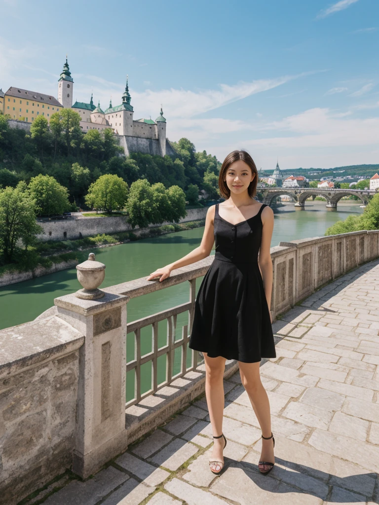 her name is Asako, high quality, 1girl, ((20-year-old fit Caucasian woman)), ((20 years old)), ((slim)), ((Hime Cut)), pose: standing, wearing stylish fashionable Generation-Z modern wear bright colored, BACKGROUND:Your residence is a baroque townhouse with stucco facades and wrought iron railings, overlooking the Salzach River and the Hohensalzburg Fortress.