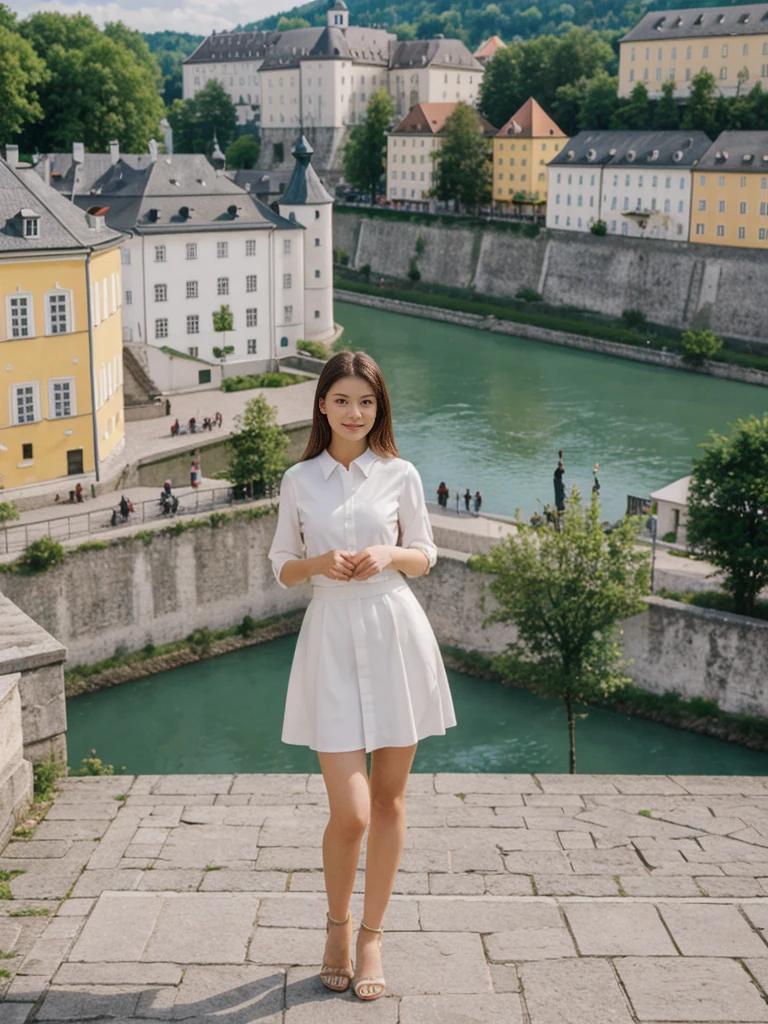 her name is Asako, high quality, 1girl, ((20-year-old fit Caucasian woman)), ((20 years old)), ((slim)), ((Hime Cut)), pose: standing, wearing stylish fashionable Generation-Z modern wear bright colored, BACKGROUND:Your residence is a baroque townhouse with stucco facades and wrought iron railings, overlooking the Salzach River and the Hohensalzburg Fortress.