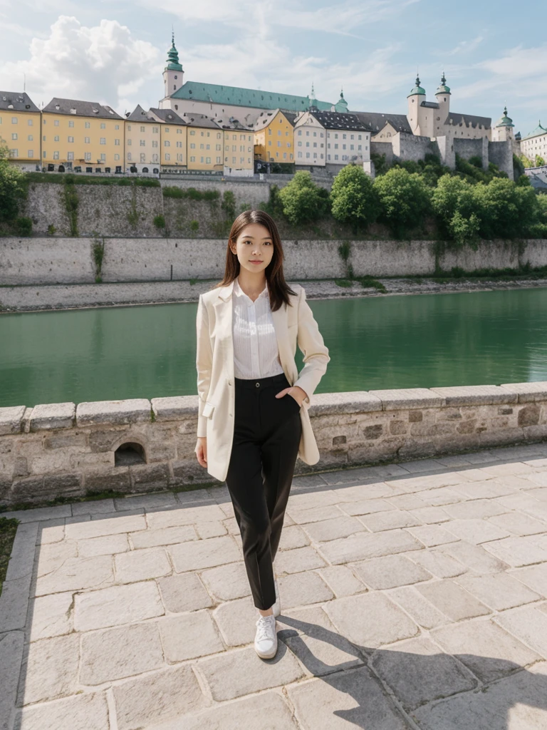 her name is Asako, high quality, 1girl, ((20-year-old fit Caucasian woman)), ((20 years old)), ((slim)), ((Hime Cut)), pose: standing, wearing stylish fashionable Generation-Z modern wear bright colored, BACKGROUND:Your residence is a baroque townhouse with stucco facades and wrought iron railings, overlooking the Salzach River and the Hohensalzburg Fortress.