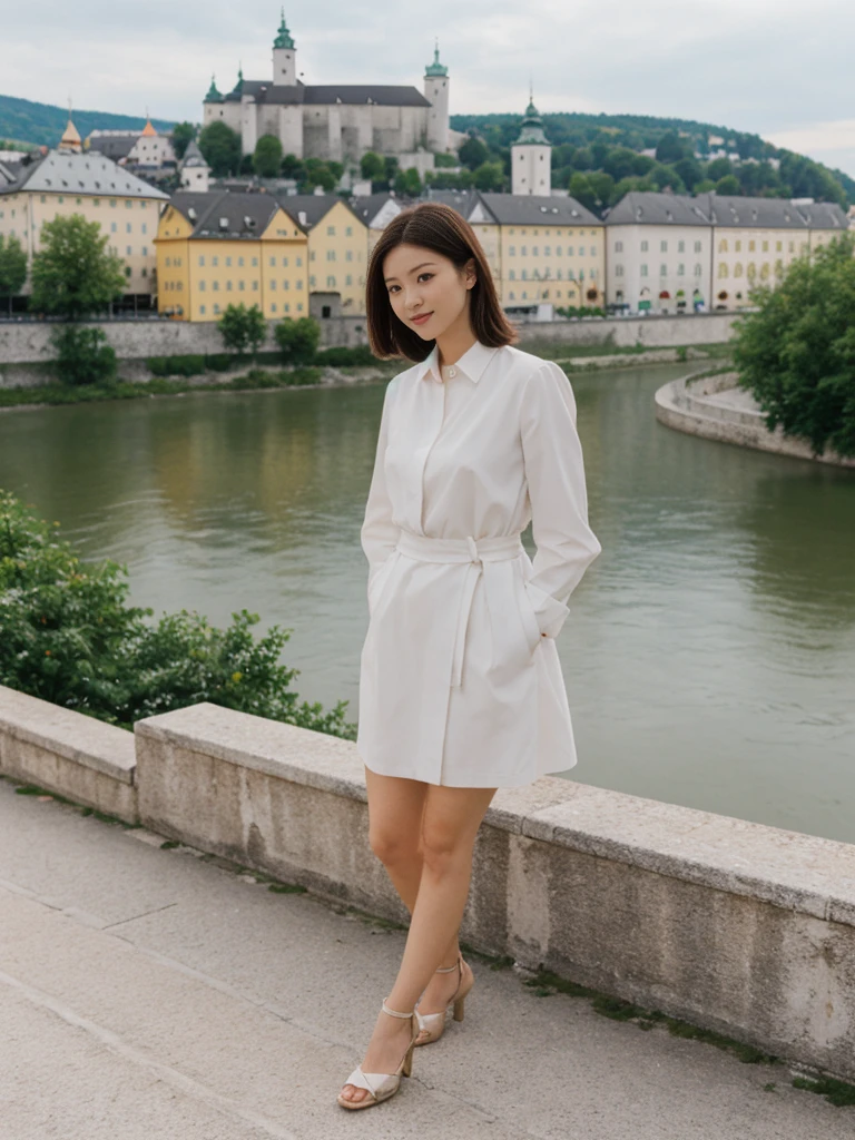 her name is Asako, high quality, 1girl, ((20-year-old fit Caucasian woman)), ((20 years old)), ((slim)), ((Hime Cut)), pose: standing, wearing stylish fashionable Generation-Z modern wear bright colored, BACKGROUND:Your residence is a baroque townhouse with stucco facades and wrought iron railings, overlooking the Salzach River and the Hohensalzburg Fortress.