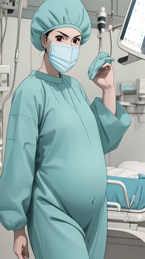 masterpiece, highest quality, (RAW photo, best quality), 1girl, frown, pale skin, red eyes, shy eyes, big breasts, big tits, pregnant, stand, natural lighting, solo, hospital, in the operating room,
ray kasugano, pregnant with big belly, (give a score of 9_give a score of 8_give a score of 7) long sleeve surgical gown, surgical cap, cover ears, surgical mask, long surgical gloves,