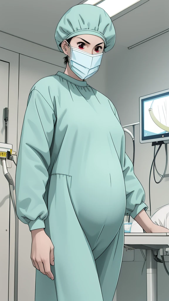 masterpiece, highest quality, (RAW photo, best quality), 1girl, frown, pale skin, red eyes, shy eyes, big breasts, big tits, pregnant, stand, natural lighting, solo, hospital, in the operating room, 
ray kasugano, pregnant with big belly, (give a score of 9_give a score of 8_give a score of 7) long sleeve surgical gown, surgical cap, cover ears, surgical mask, long surgical gloves, 
