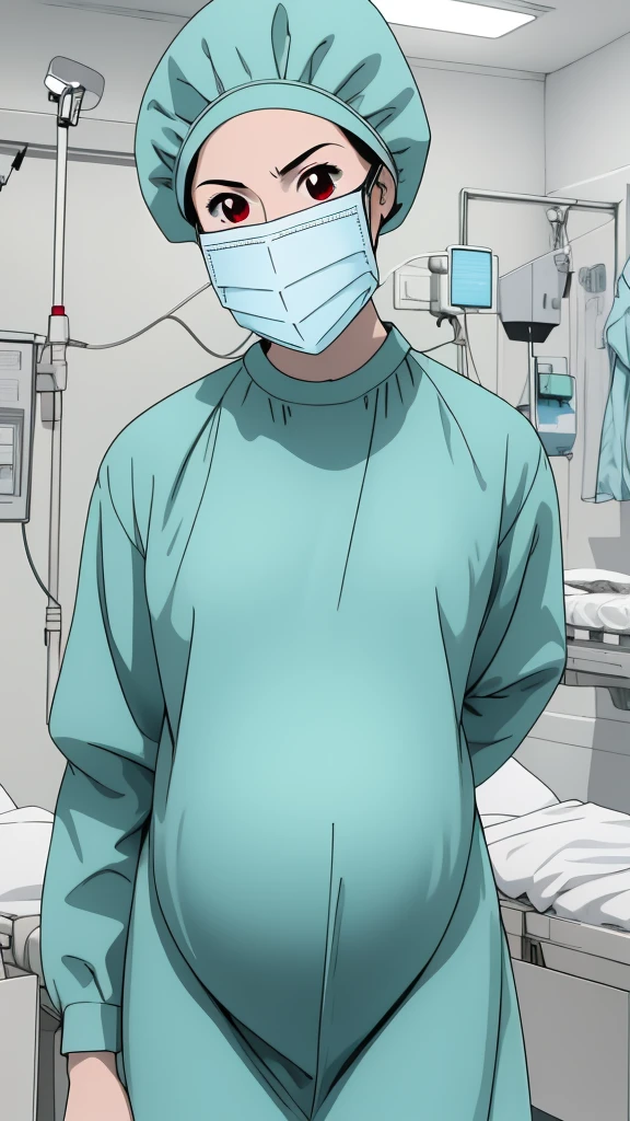 masterpiece, highest quality, (RAW photo, best quality), 1girl, frown, pale skin, red eyes, shy eyes, big breasts, big tits, pregnant, stand, natural lighting, solo, hospital, in the operating room, 
ray kasugano, pregnant with big belly, (give a score of 9_give a score of 8_give a score of 7) long sleeve surgical gown, surgical cap, cover ears, surgical mask, long surgical gloves, 