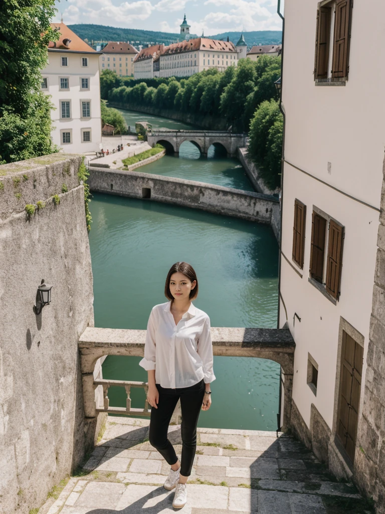 her name is Asako, high quality, 1girl, ((20-year-old fit Caucasian woman)), ((20 years old)), ((slim)), ((Hime Cut)), pose: standing, wearing stylish fashionable Generation-Z modern wear bright colored, BACKGROUND:Your residence is a baroque townhouse with stucco facades and wrought iron railings, overlooking the Salzach River and the Hohensalzburg Fortress.