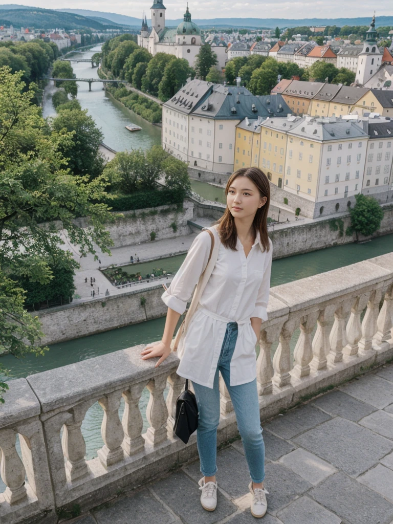 her name is Asako, high quality, 1girl, ((20-year-old fit Caucasian woman)), ((20 years old)), ((slim)), ((Hime Cut)), pose: standing, wearing stylish fashionable Generation-Z modern wear bright colored, BACKGROUND:Your residence is a baroque townhouse with stucco facades and wrought iron railings, overlooking the Salzach River and the Hohensalzburg Fortress.