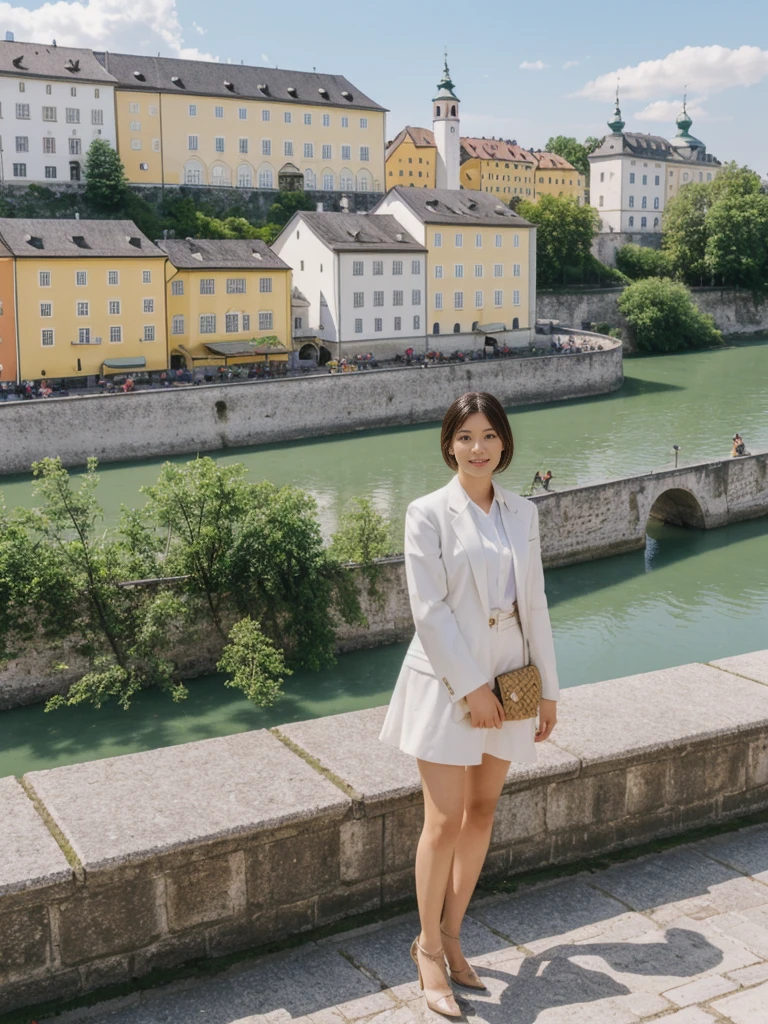 her name is Asako, high quality, 1girl, ((20-year-old fit Caucasian woman)), ((20 years old)), ((slim)), ((Hime Cut)), pose: standing, wearing stylish fashionable Generation-Z modern wear bright colored, BACKGROUND:Your residence is a baroque townhouse with stucco facades and wrought iron railings, overlooking the Salzach River and the Hohensalzburg Fortress.