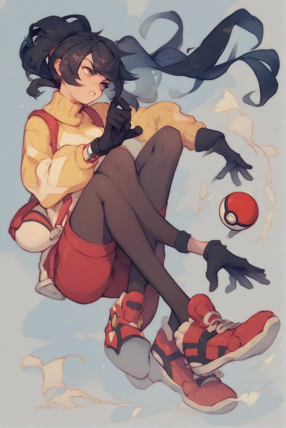 girl with black hair, with a yellow shirt and red shorts, pantyhose above the knees black, red shoes, white sweater, Pokémon trainer, struggling pose, Holding a pokeball, with white sweater and black gloves