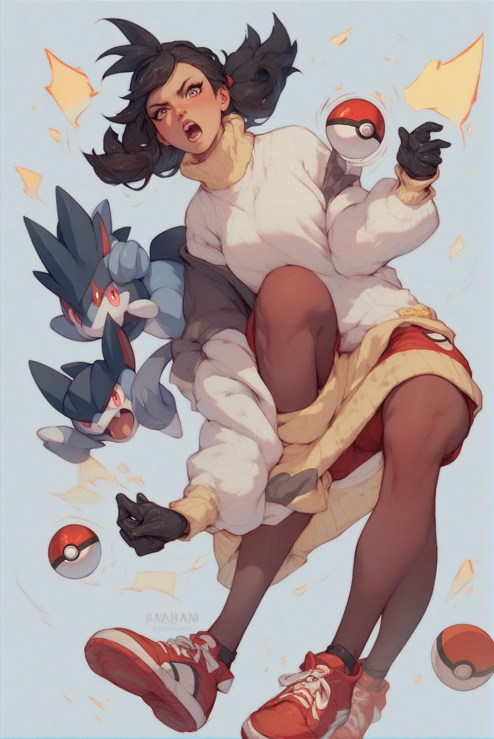 girl with black hair, with a yellow shirt and red shorts, pantyhose above the knees black, red shoes, white sweater, Pokémon trainer, struggling pose, Holding a pokeball, with white sweater and black gloves