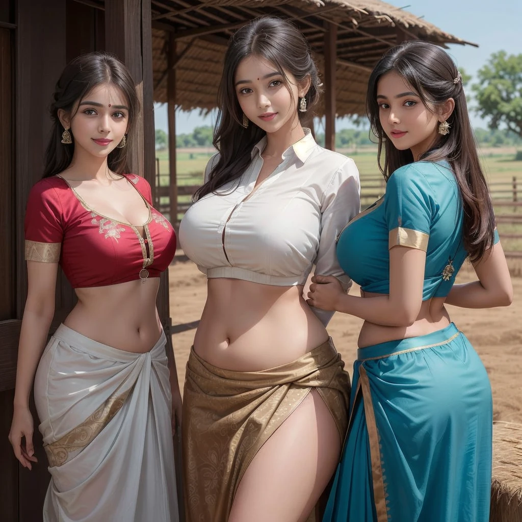 3girls, realistic photograph of three young rustic Tamil village belle dressed in an ((unhooked blouse and Indian skirt)) standing inside a farm in rural India, fair skin, curvy and toned body, tall, big , hourglass figure, big ass, seductive, detailed cute face, full lips, smiling, studio lighting , hyper realistic , nice figure