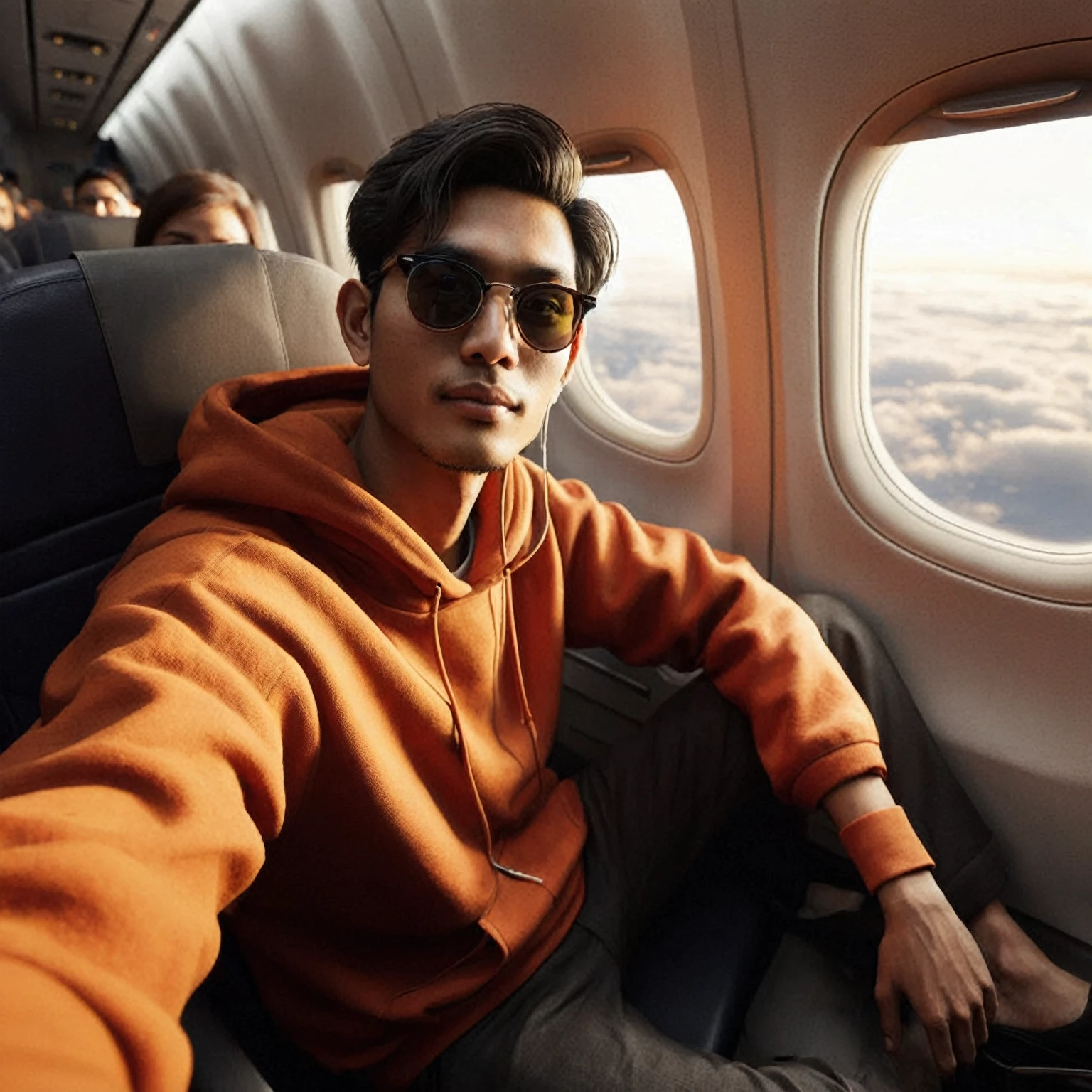 realistic photo, a man with a native Indonesian face, 25 years old, oval face, short side parted hair style, very thin body, sun glasses, wearing an orange hoodie, wearing black trousers, wearing black flip flops, looks Sitting in an airplane,looks like he's taking a selfie you can see other passengers, you can see clouds behind the glass