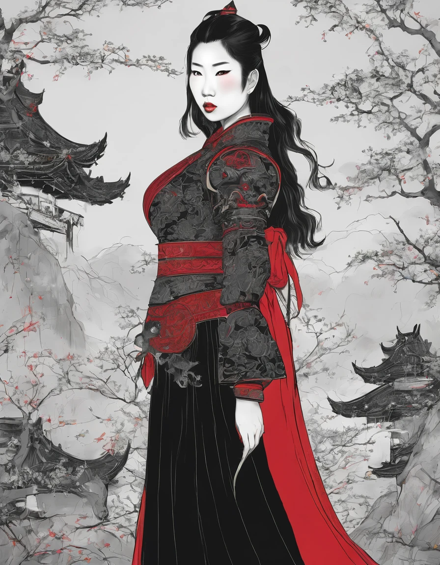 beautiful busty Asian woman wearing a rat shaped armor black and red