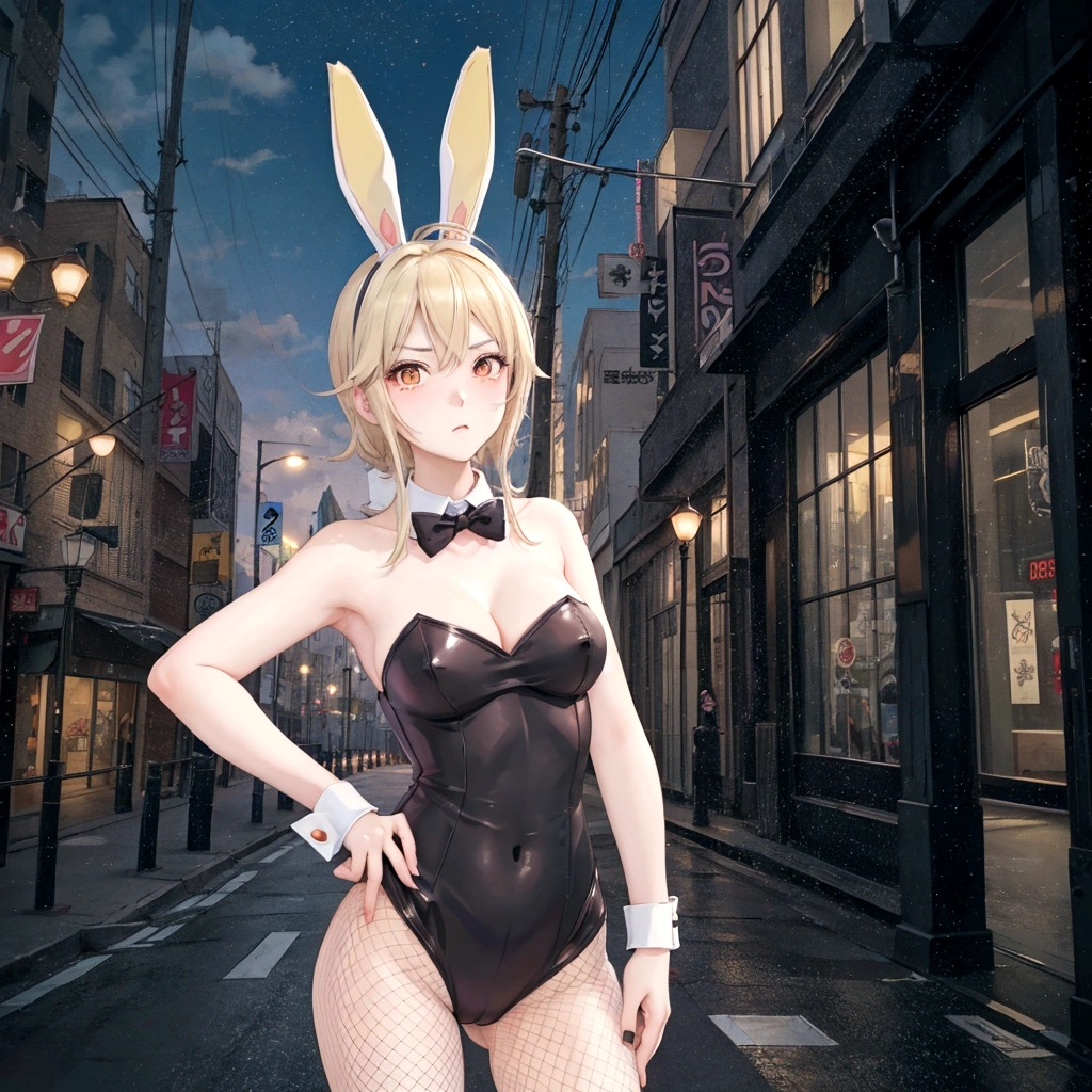 Glaring、anime character Bunny ears付き and a black bodysuit standing in a city street, Fishnet tights、Bunny girl, サイバネティックなBunny earsを着けている, Playboy Bunny, Bunny ears付き, Bunny Punk, with big Bunny ears, Bunny Suit, Lola Bunny fan art, with long floppy Bunny ears, Kagamine Rin, Bunny ears, Playboy Style, thug_character, wearing a Bunny Suit