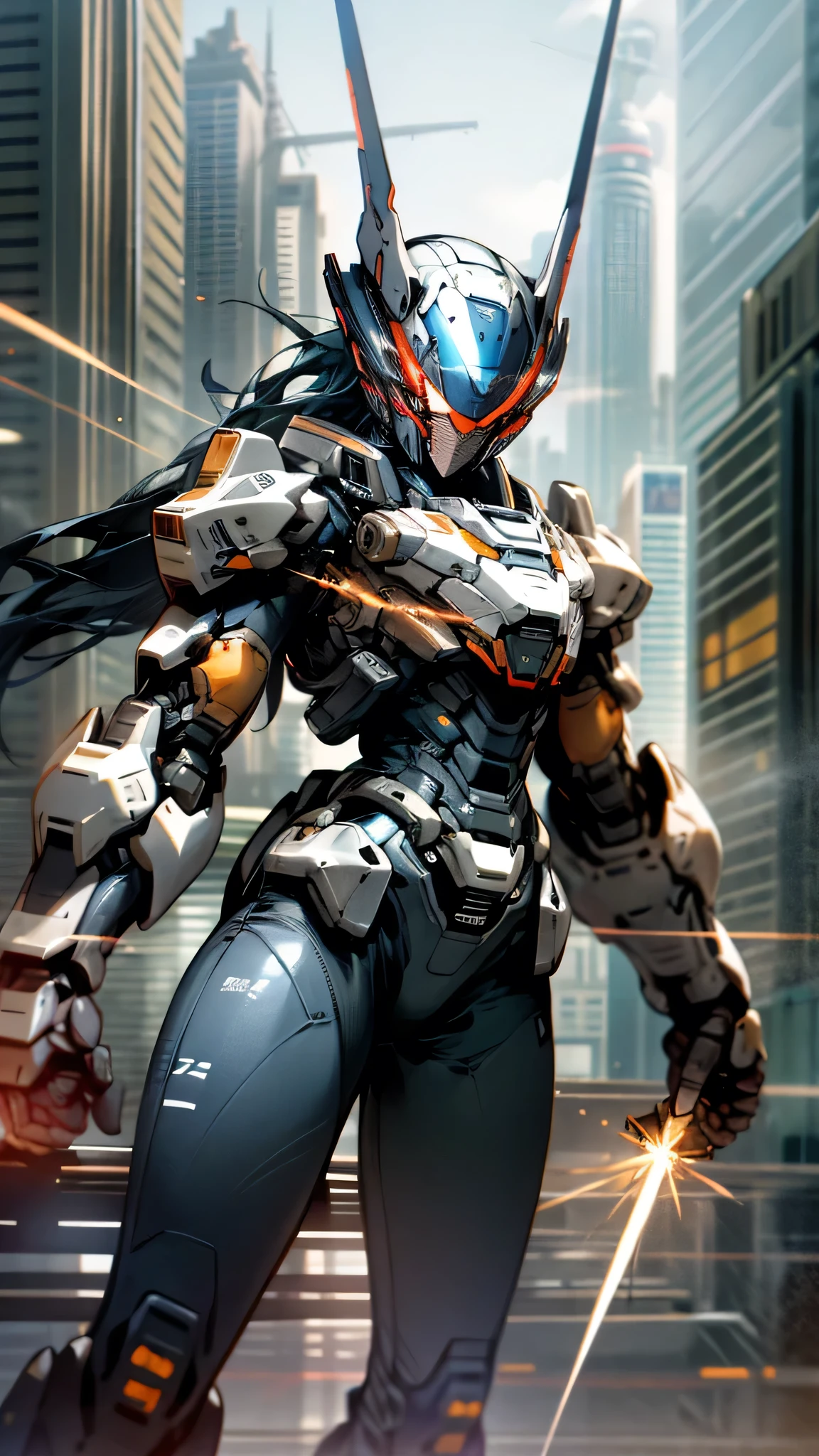 最high quality、Best image quality、masterpiece、Giant Mecha((Humanoid、Black body、Railgun、Body Armor、Jetpack、Red visor、Full burst、Laser firing,Covered in scars))high quality、Beautiful art、background((City)),Tabletop、Exquisite design、Visual Arts、Depth of written boundary、Best lighting、Highest detail、8k