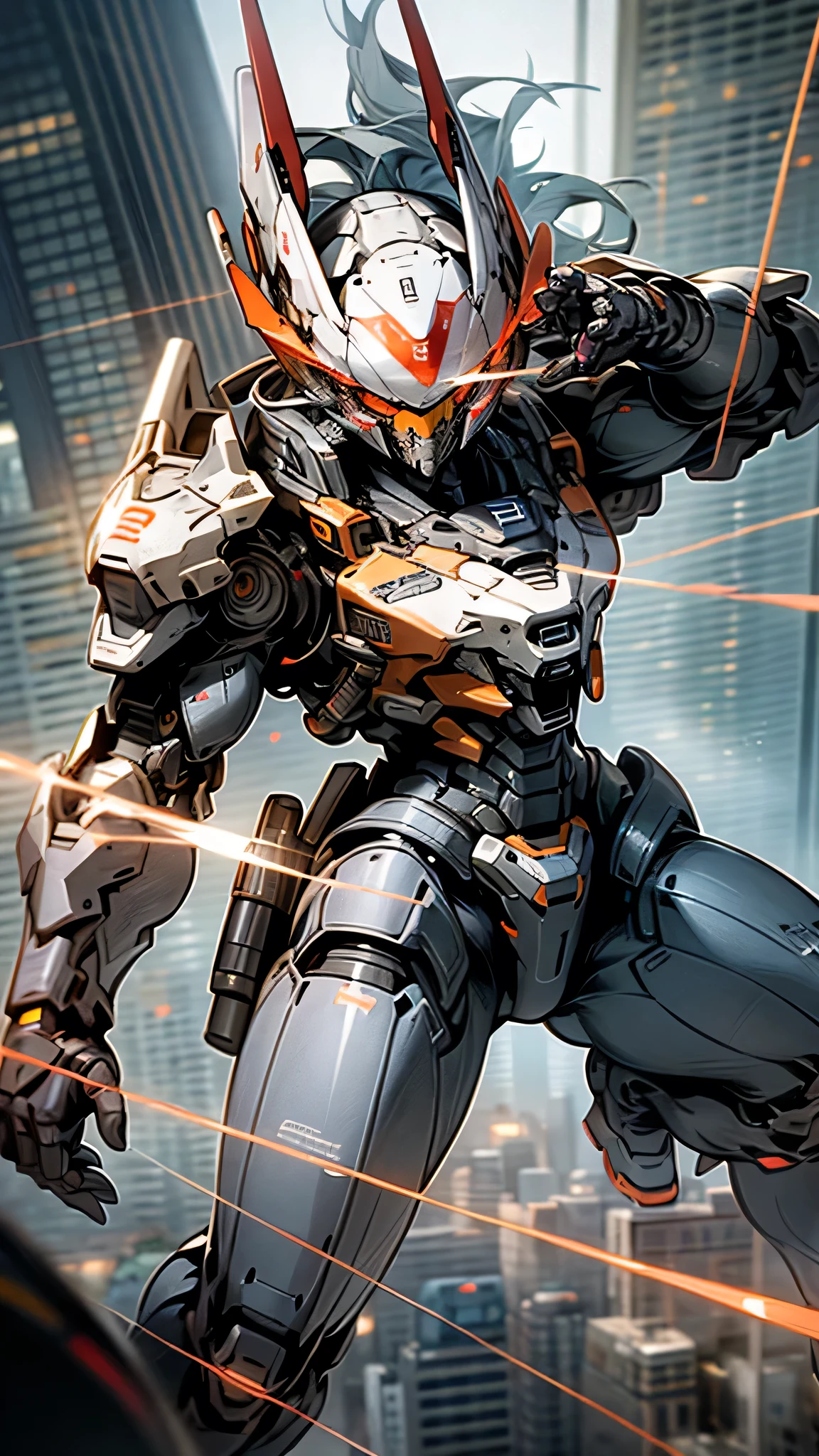 最high quality、Best image quality、masterpiece、Giant Mecha((Humanoid、Black body、Railgun、Body Armor、Jetpack、Red visor、Full burst、Laser firing,Covered in scars))high quality、Beautiful art、background((City)),Tabletop、Exquisite design、Visual Arts、Depth of written boundary、Best lighting、Highest detail、8k