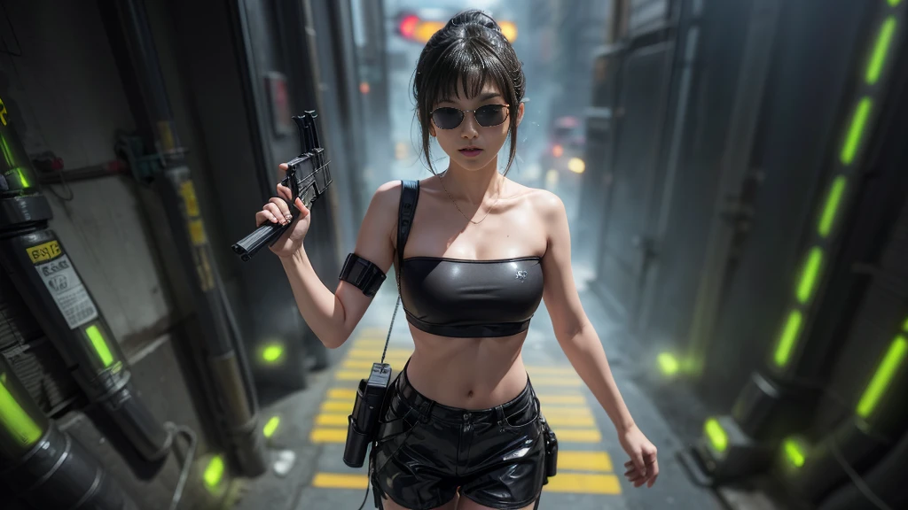 At night, dark sky, aerial view of fantasy cyberpunk style Moai-statue city, ((flying vehicle)). ((1girl, solo, alone)), photo realistic, medium-breast:1.1 slim body, cleavage, sexy clothes, (black sunglasses), (((hip-up standing and pistol aiming pose))), half-body thigh level medium shot, cinematic lighting.