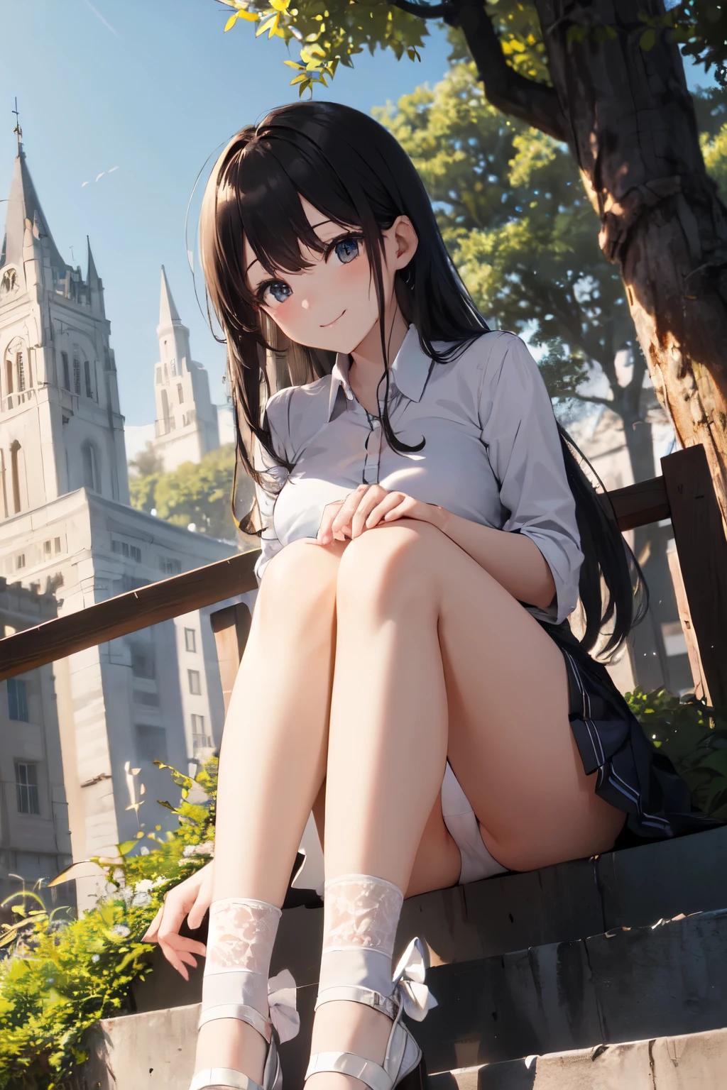 very cute and beautiful girl,(Very detailed美しい顔), (smile),blush,Black Hair,Seraphim,(White Shirt、Pleated navy blue pread your legs),Sitting、(From below),(Lacy white panties), Stairs in the park、Distant Tree々and the city, (Highest quality,masterpiece:1.0),Absurd,High resolution,Super detailed,Very detailed,32k,8K resolution, Intricate details,Movie Scenes,Detailed Background,alone,Dynamic Angle,