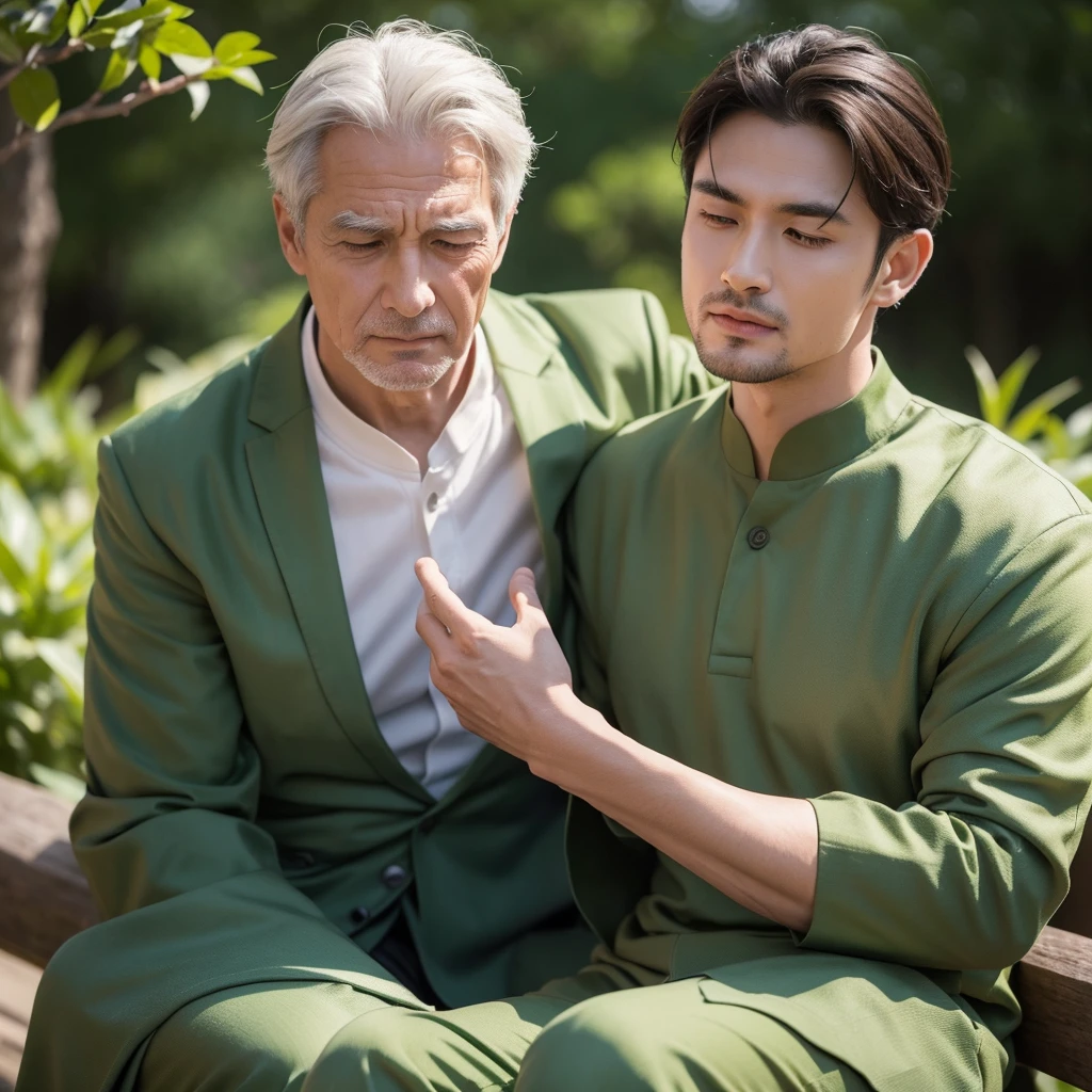 Create a realistic image of a man dressed in green attire, embodying the MBTI mediator type, who appears overly concerned about others. Show him in a natural setting where he is displaying excessive care and consideration towards those around him. Capture realistic expressions and gestures that convey his empathy and understanding. The background should reflect a peaceful and natural environment, enhancing his role as a mediator. Ensure the composition portrays his genuine generosity and compassionate nature convincingly.