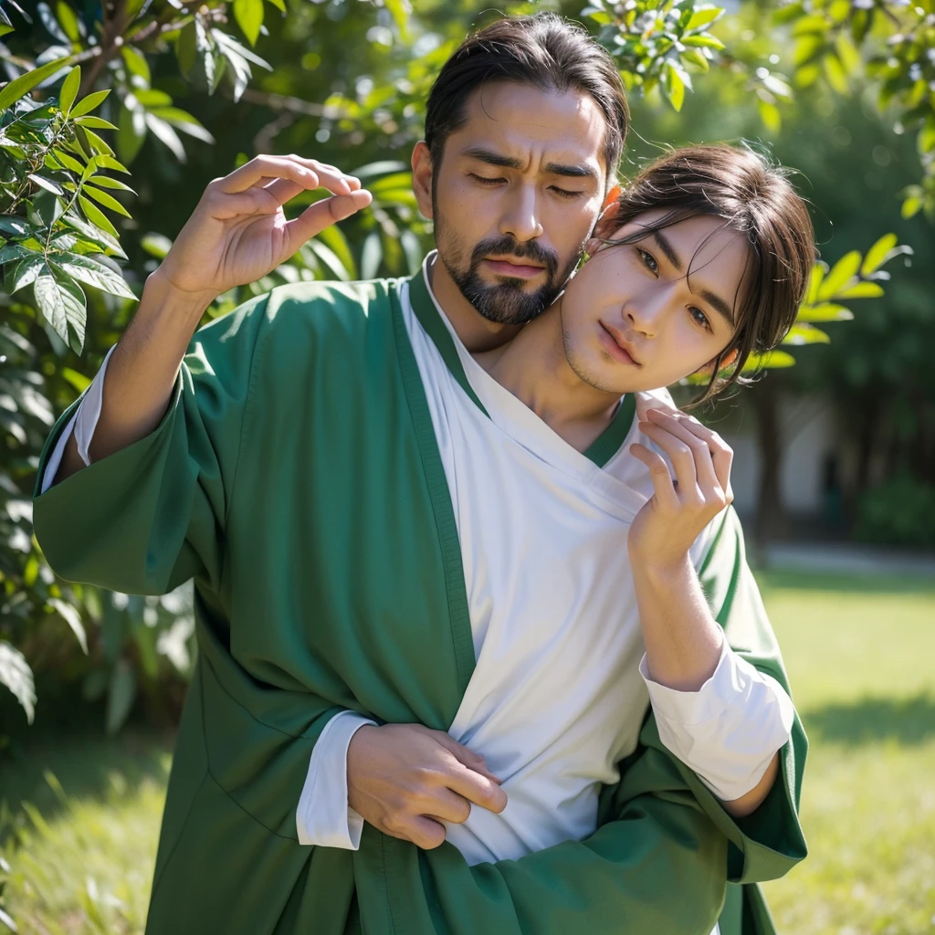 Create a realistic image of a man dressed in green attire, embodying the MBTI mediator type, who appears overly concerned about others. Show him in a natural setting where he is displaying excessive care and consideration towards those around him. Capture realistic expressions and gestures that convey his empathy and understanding. The background should reflect a peaceful and natural environment, enhancing his role as a mediator. Ensure the composition portrays his genuine generosity and compassionate nature convincingly.