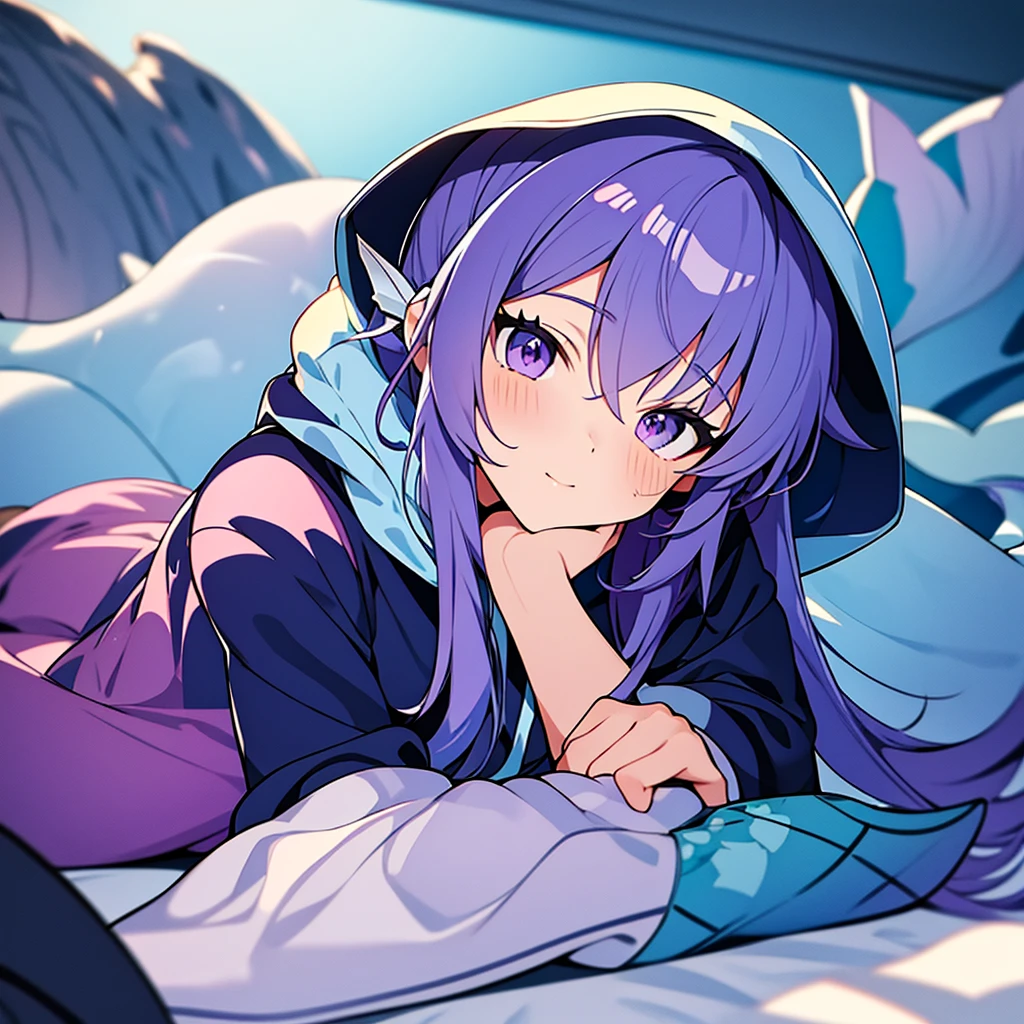 anime mermaid hoodie Lying down with purple hair Blue Tail