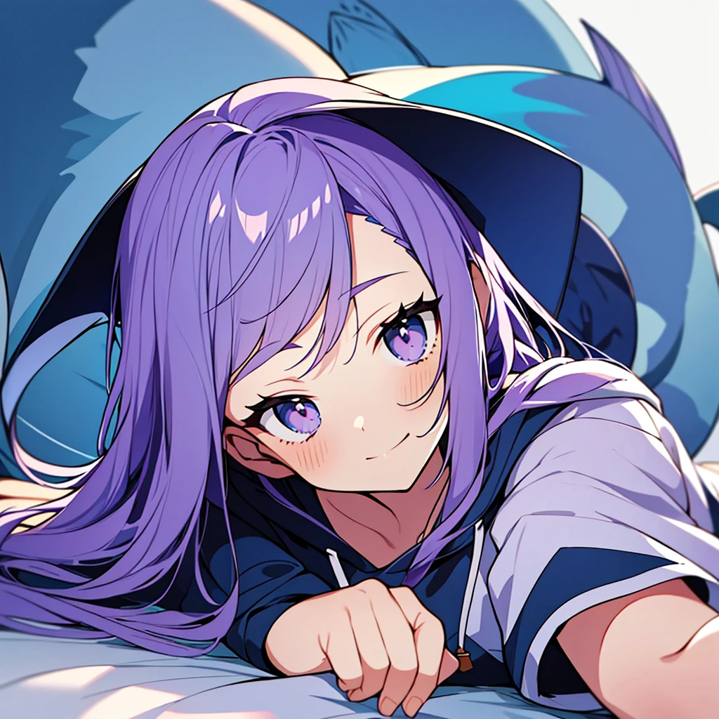 anime　Mermaid Girl　hoodie　Lying down with purple hair　Blue Tail
