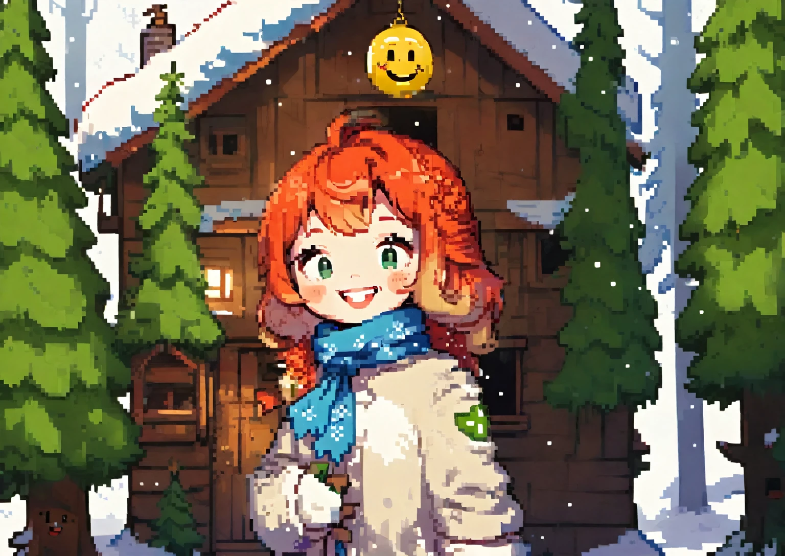 winter forest, snow covered tree house, green tree, 1 woman, smiley face, golden hair, shot, blue shawl, beige coat, red gloves,
