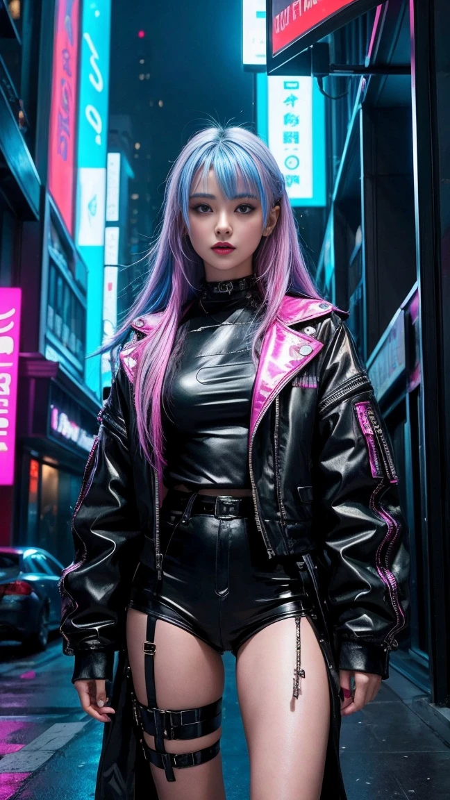 1 woman,Imagine a young girl in a cyberpunk atmosphere.,She has striking colored hair., For example, neon blue or dark red.,in your eyes, Add a touch of cybernetics or futuristic contact lenses that reflect the essence of advanced technology.,The clothes you wear should be a mix of urban, futuristic and cool styles.,in the background, Shows a city full of neon decorations and holograms., Create a unique atmosphere for the cyberpunk world.,Don't forget to display high-tech elements such as flying drones., Flying Car, or a beautiful skyscraper,Let this woman hold the weapons of the future.,She is shown to be a strong character with special skills in technology and combat.. in addition, Add cyberpunk accessories like holographic tattoos or futuristic accessories to complete his look.,