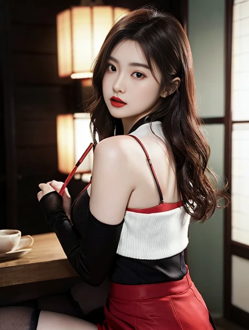 (Korean young woman),(RAW photogr:1.3),Extremely beautiful,(in a ryokan),(leaning on a man:1.2),(Kiss a man:1.3),(being touched by a man:1.5),(Being taken from behind by a man),(((tmasterpiece))), ((Best quality)), ((intricately details)), ((hyper realisitc)), Ridiculous resources, Moro Liberation Front,(expressed:1.2), , Very meticulous, lighting ig charming:1.1), ((big quote),(violence:1.1),,White skin of the,Full of color,sexually attractive,a slender waist,pretty legs,(Perfect leg line),hip cocked,Wide hips,(perfect hand), detailed finger, beautidful eyes, Wavy curly hair,with brown eye, business card, CEO,(Red pencil skirt:1.2),(Black stockings:1.3),detailedbackground, perfect eyes,Confused eyes,The mouth opens slightly,