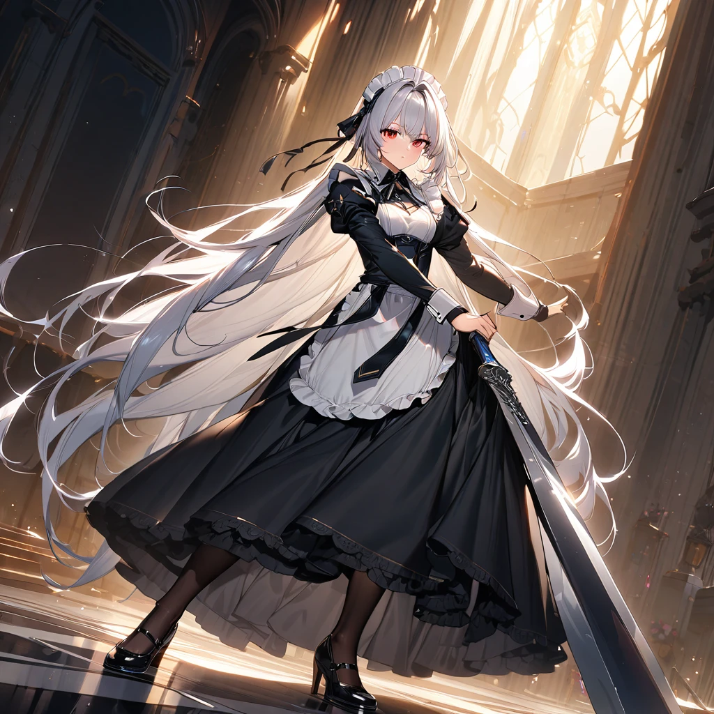 (masterpiece),(Highest quality),(Super detailed),(Best illustrations),(so beautiful), so beautiful長い脚,Silver Hair, Red eyes, Very long hair, pantyhose, Maid, headdress, apron, Long skirt,  holding weapon, huge sword, duel,