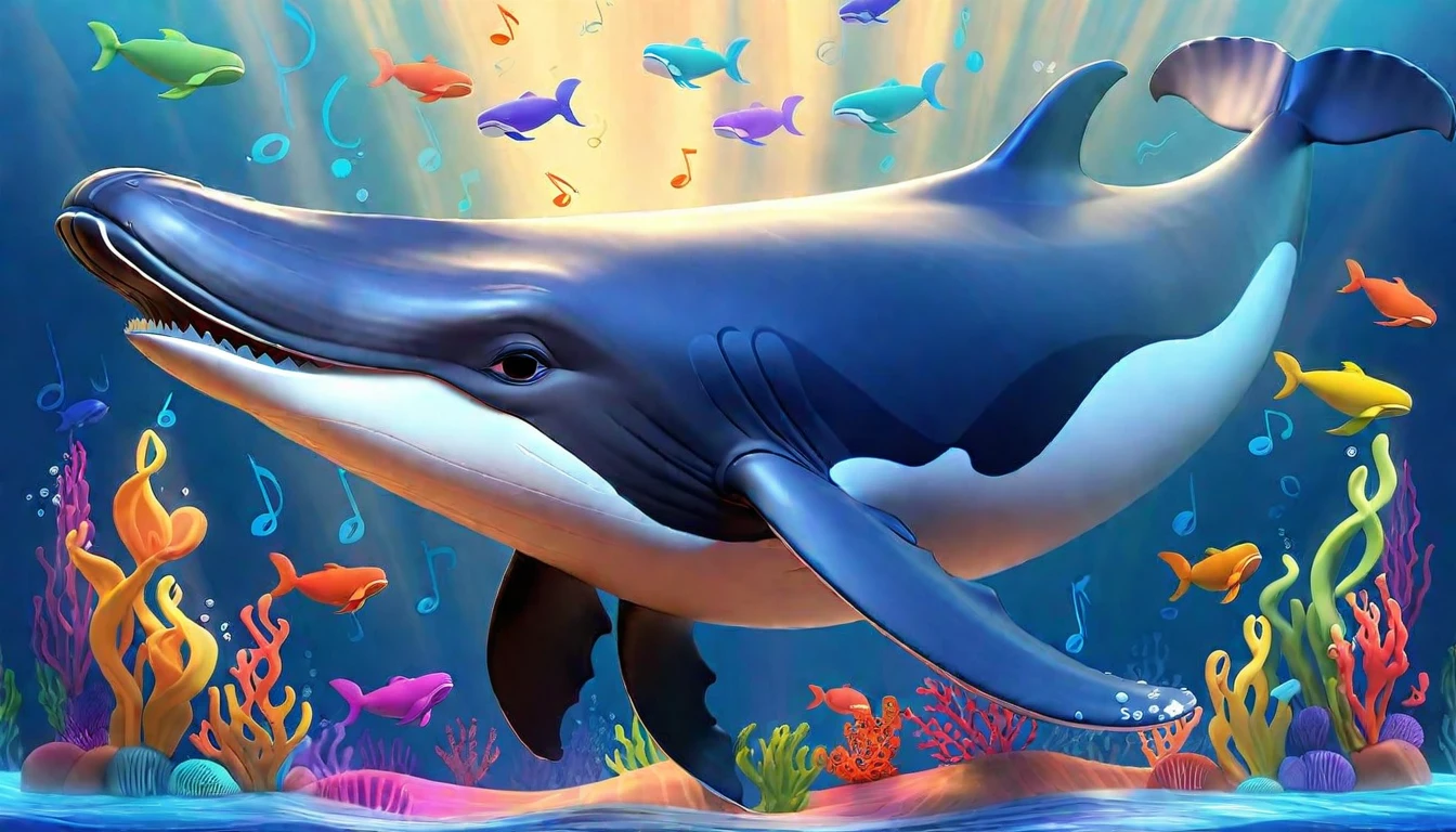 Create a 3-D Pixar style art scene for kids featuring a humpback whale singing with musical notes coming out of its blowhole. The scene should be colorful and vibrant, with an ocean background, coral reefs, and schools of fish. The overall mood should be lively and inviting for young children.