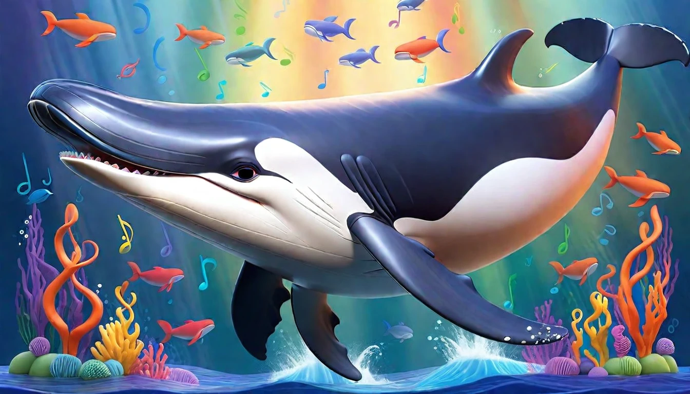 Create a 3-D Pixar style art scene for kids featuring a humpback whale singing with musical notes coming out of its blowhole. The scene should be colorful and vibrant, with an ocean background, coral reefs, and schools of fish. The overall mood should be lively and inviting for young children.