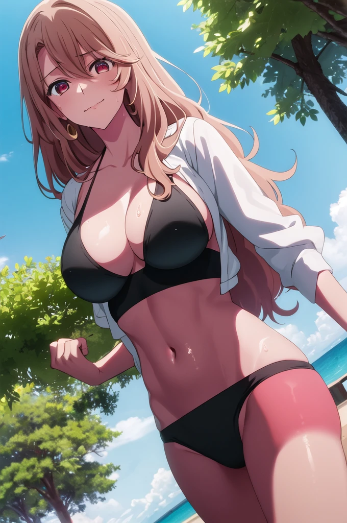 (masterpiece:1.3), (best quality:1.1), (8k, ultra detailed, ultra high res:1.2), ((anime style)), (perfect 5 fingers:1.1), perfect anatomy,
1girl,
Miyako Saitou,
BREAK long hair, wavy hair,
strawberry blonde hair,
red eyes, empty eyes.
large breasts, smile,
BREAK strings bikini, black bikini,
looking at viewer,
upper body,
fair skin, (sweaty skin:1.2),
perfect light,
outdoor, outside, summer, sea, sky,