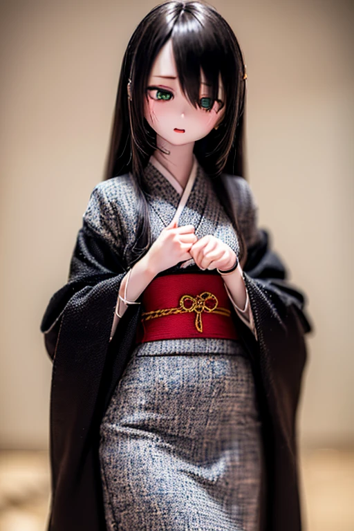 (SFW:2), photorealistic, realistic photo, 8k, ((highest quality)), ((masterpiece)), ((extremely detailed)), kukolnydom, doll, (mature woman, 20yo, 20 years old:1.6), solo, ((cowboy shot, standing, skinny, slender, slim, kimono, obi, hair ornament)), green eyes, parted lips, (black hair, long hair, looking at another, blank eyes, empty eyes, detailed eyes, detailed clothes:1.3), Japanese garden