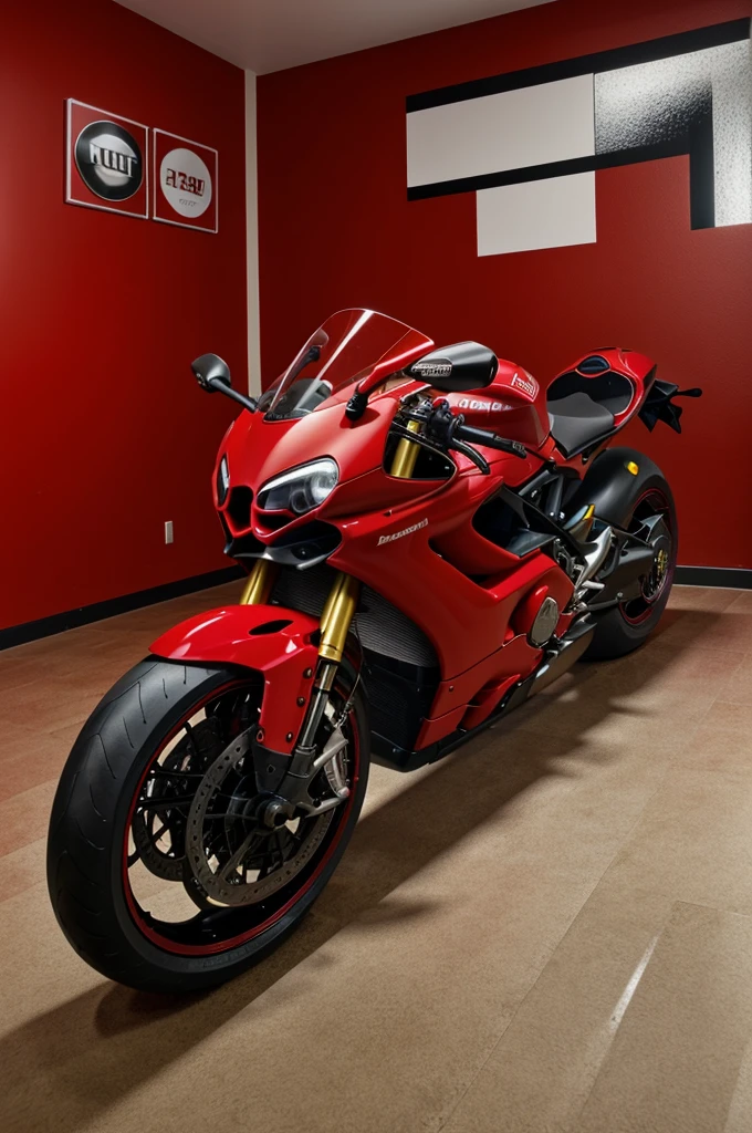 A room with a red ducati superleggera v4 and a color combination of red and black with ducati symbol on the wall