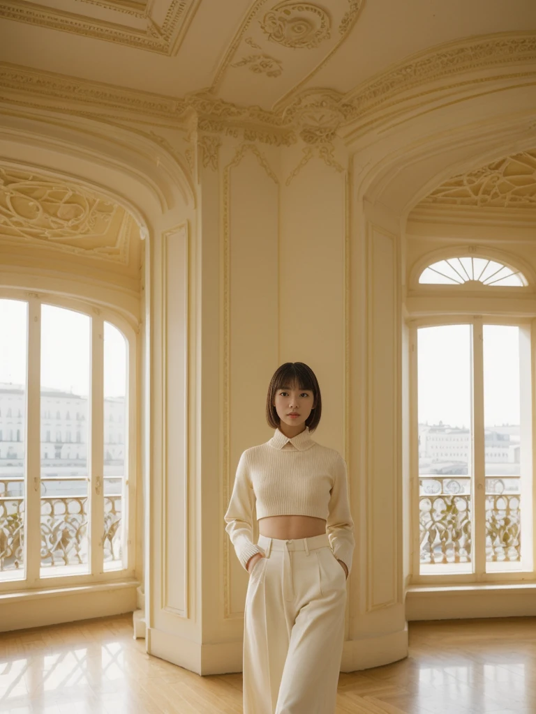 her name is Asako, high quality, 1girl, ((20-year-old fit Caucasian woman)), ((20 years old)), ((slim)), ((Hime Cut)), pose: standing, wearing stylish fashionable Generation-Z modern wear bright colored, BACKGROUND:Your apartment is in a grand, neoclassical building with pastel-colored facades and views of the majestic Winter Palace.