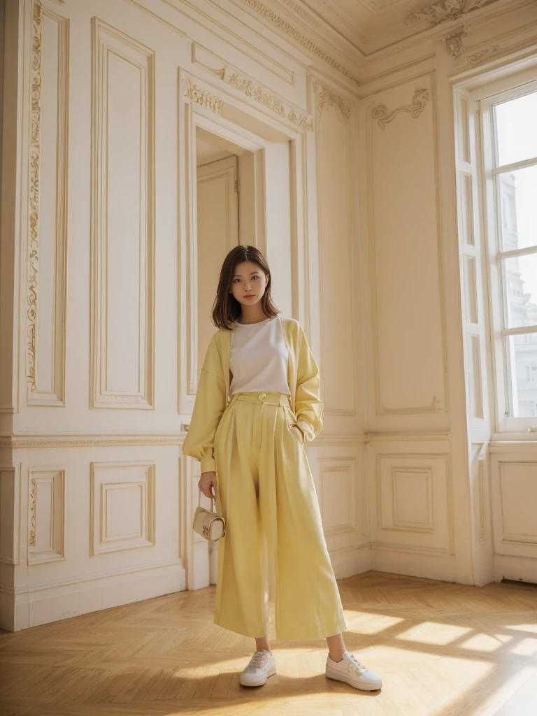 her name is Asako, high quality, 1girl, ((20-year-old fit Caucasian woman)), ((20 years old)), ((slim)), ((Hime Cut)), pose: standing, wearing stylish fashionable Generation-Z modern wear bright colored, BACKGROUND:Your apartment is in a grand, neoclassical building with pastel-colored facades and views of the majestic Winter Palace.