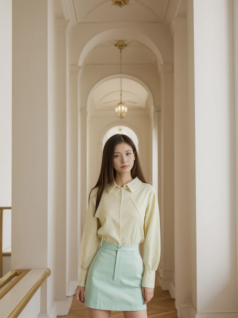 her name is Asako, high quality, 1girl, ((20-year-old fit Caucasian woman)), ((20 years old)), ((slim)), ((Hime Cut)), pose: standing, wearing stylish fashionable Generation-Z modern wear bright colored, BACKGROUND:Your apartment is in a grand, neoclassical building with pastel-colored facades and views of the majestic Winter Palace.