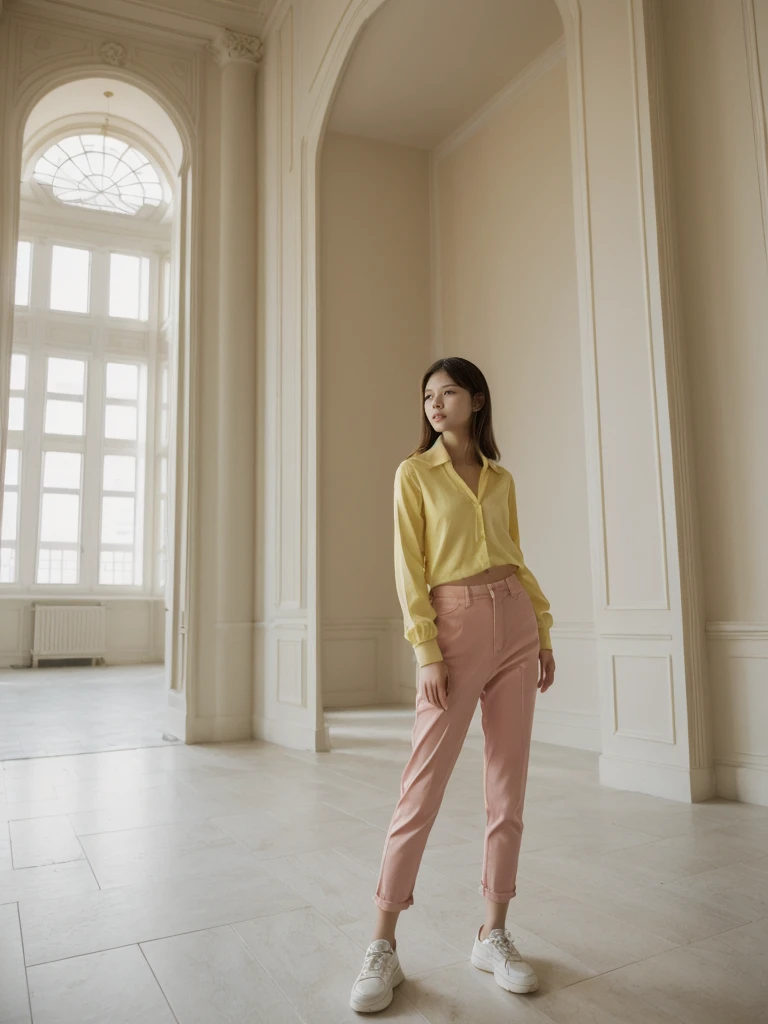 her name is Asako, high quality, 1girl, ((20-year-old fit Caucasian woman)), ((20 years old)), ((slim)), ((Hime Cut)), pose: standing, wearing stylish fashionable Generation-Z modern wear bright colored, BACKGROUND:Your apartment is in a grand, neoclassical building with pastel-colored facades and views of the majestic Winter Palace.