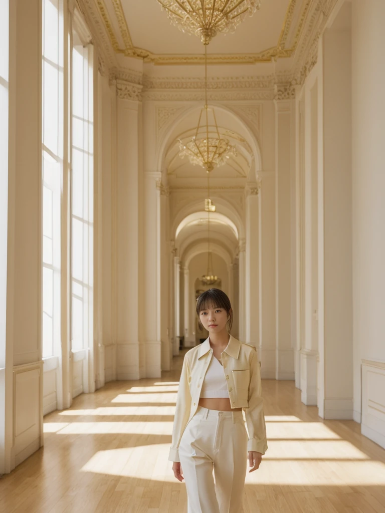 her name is Asako, high quality, 1girl, ((20-year-old fit Caucasian woman)), ((20 years old)), ((slim)), ((Hime Cut)), pose: standing, wearing stylish fashionable Generation-Z modern wear bright colored, BACKGROUND:Your apartment is in a grand, neoclassical building with pastel-colored facades and views of the majestic Winter Palace.