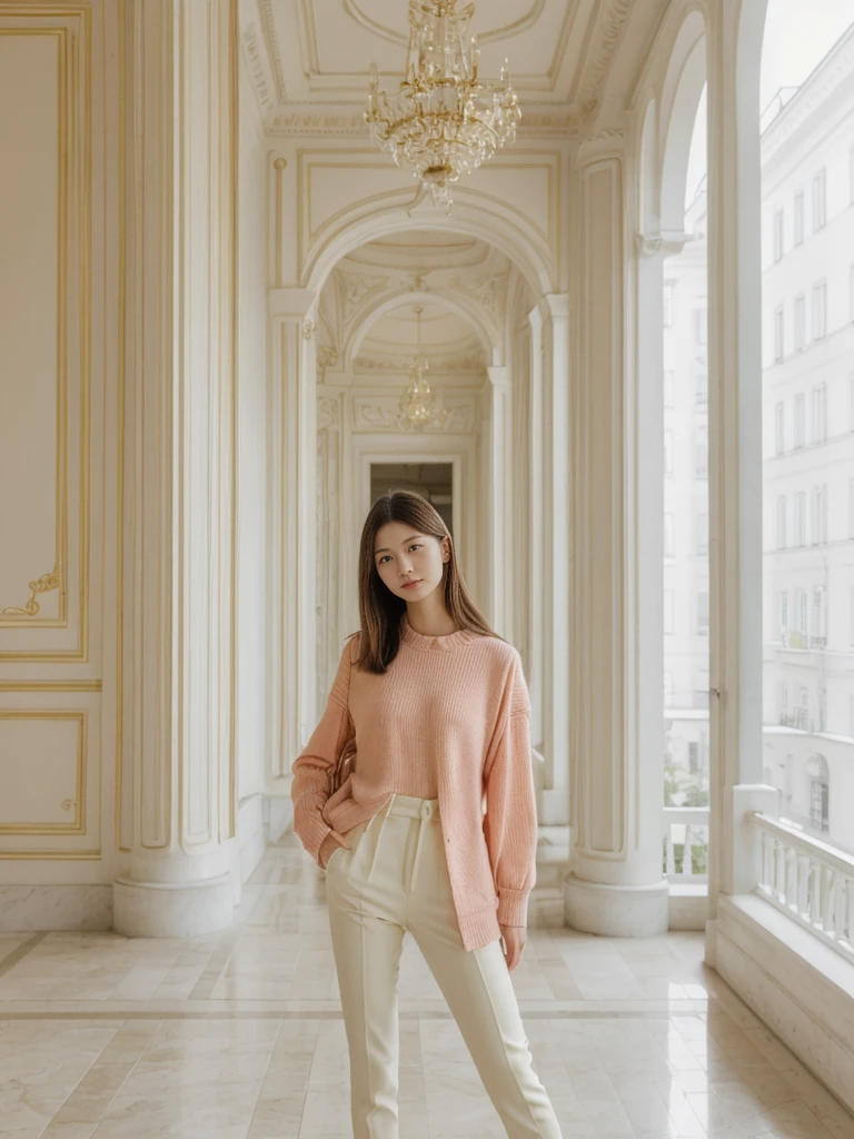 her name is Asako, high quality, 1girl, ((20-year-old fit Caucasian woman)), ((20 years old)), ((slim)), ((Hime Cut)), pose: standing, wearing stylish fashionable Generation-Z modern wear bright colored, BACKGROUND:Your apartment is in a grand, neoclassical building with pastel-colored facades and views of the majestic Winter Palace.