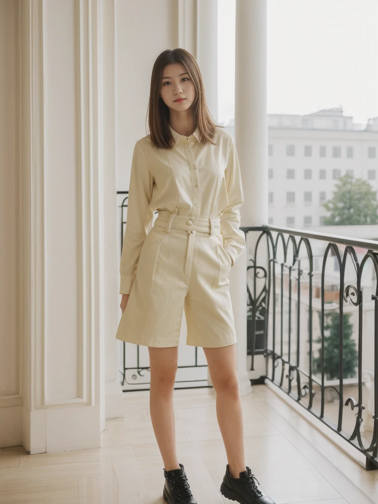 her name is Asako, high quality, 1girl, ((20-year-old fit Caucasian woman)), ((20 years old)), ((slim)), ((Hime Cut)), pose: standing, wearing stylish fashionable Generation-Z modern wear bright colored, BACKGROUND:Your apartment is in a grand, neoclassical building with pastel-colored facades and views of the majestic Winter Palace.