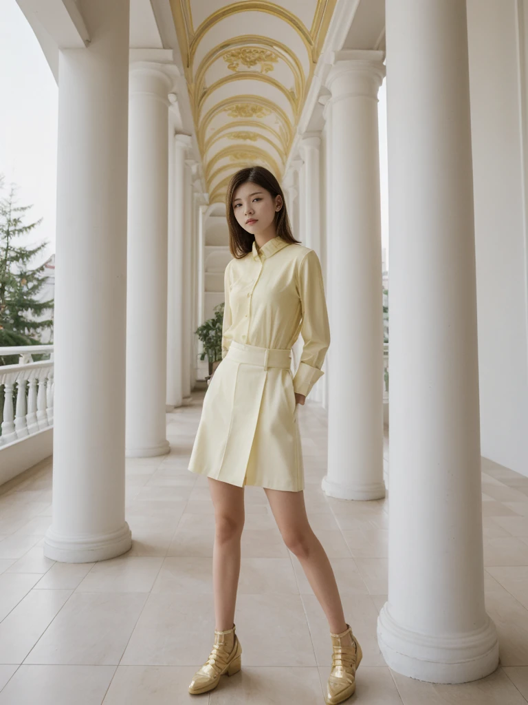 her name is Asako, high quality, 1girl, ((20-year-old fit Caucasian woman)), ((20 years old)), ((slim)), ((Hime Cut)), pose: standing, wearing stylish fashionable Generation-Z modern wear bright colored, BACKGROUND:Your apartment is in a grand, neoclassical building with pastel-colored facades and views of the majestic Winter Palace.
